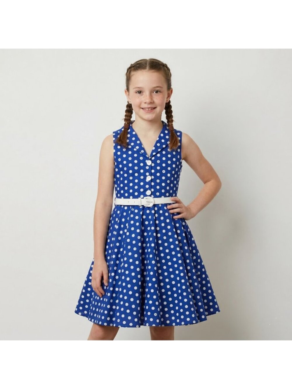BlackButterfly Girl's Holy Polka Dot Vintage Inspired Dress in Blue size 9-10